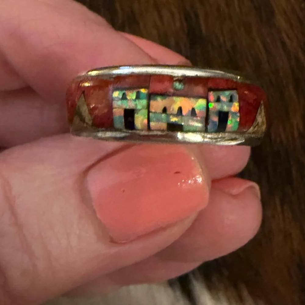 ❤️ Signed “AZ” Galaxy Micro Inlaid 925 Native Pueblo Scene Ring Size 9.75 Unisex
